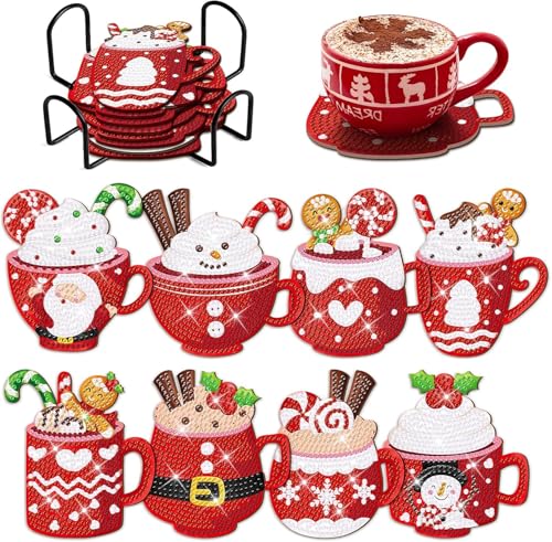 Glvomazty 8 Pièces Diamant Peinture Dessous Thème de Noël Acrylique Diamond Painting Coasters Kit avec Support pour La Maison, Bureau Adultes Débutants...