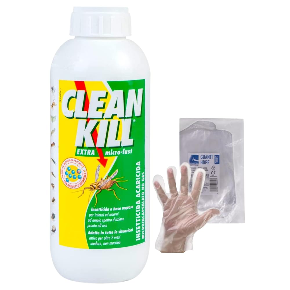 CLEAN KILL EXTRA INSETTICIDA-ACARICIDA Ecologico Biokill Micro-Fast - Ricarica Ricarica No Gas A Base Acquosa - Flacone da 1 Litro Bio Kill + OMAGGIO 100pz Guanti HDPE Monouso