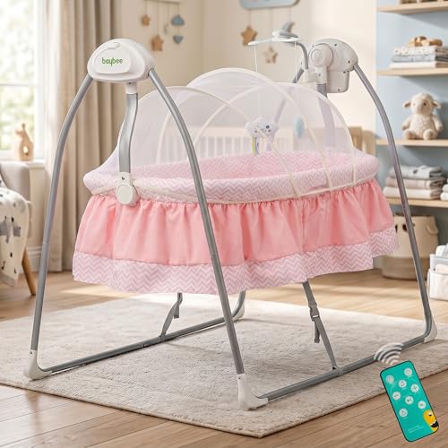 Image of BAYBEE Wanda Electric Swing Cradle for Babies | Automatic Cradle for New Born Baby with 6 Speed Control, Mosquito Net, Toy Bar & Music | Jhula for Kids | Baby jhula for 0 to 2 Years (Pink)