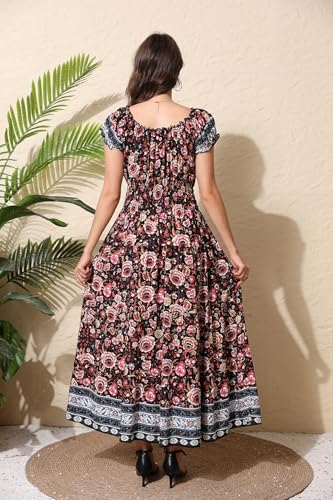 Image of OSTOO Women's Floral Maxi Dress Boho Summer Short Sleeve Smocked Waist Tiered Long Dress