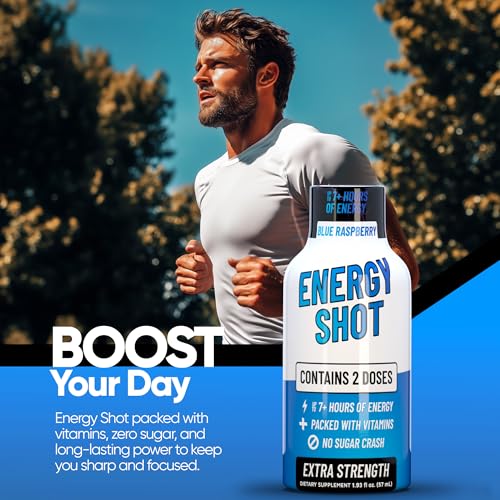 Image of Blue Raspberry Extra Strength Energy Shot 12 pk - 260mg Natural Caffeine B12 B6 - Energy & Focus Support - 2 Servings Sugar Free Zero Calorie Green Tea B-Vitamins Electrolytes Vegan - 1.93 fl oz