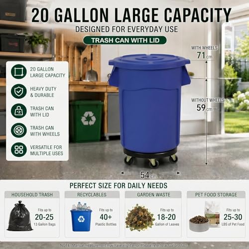 Image of 20 Gallon Outdoor Trash Can with Lid and Wheels, 1 Pack-Blue