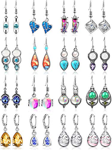 16 Pairs Crystal Drop Dangle Earrings Multicolor Crystal Dangle Hook Earrings Teardrop Pendant Hoop Earrings for Women Jewelry Set