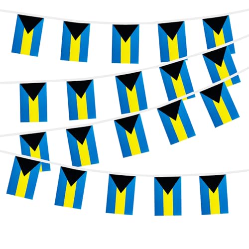 HSQCEZ Bahamas String Flags Banner Mini Small Bahamian Flag Bunting Patriotic Hanging Decor,National Holiday, Sports Game, Fiesta & Themed Party,18 Feet 20 Flags