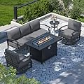 RTDTD Aluminum Patio Furniture Set with Fire Pit Table, 5 Seats Outdoor Patio Conversation Set with Swivel Chair Modern Metal Patio Sectional Sofa with Upgrade Cushions for Patio, Backyard Grey