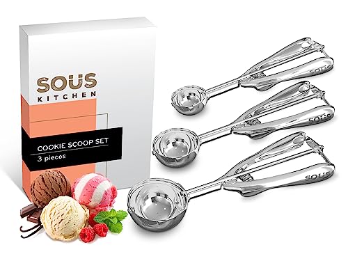 Cookie Scoops for Baking Set of 3 - Stainless Steel Ice Cream Scoop, Cookie Dough Scoop, Food Scoop, Melon Baller Scoop, and Ice Scooper - High Quality Scooper For Kitchen Baking