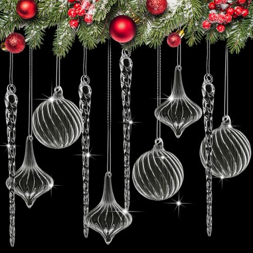 Seematn 18 Pcs Clear Christmas Glass Ornaments Ball Icicle Drop Ornaments