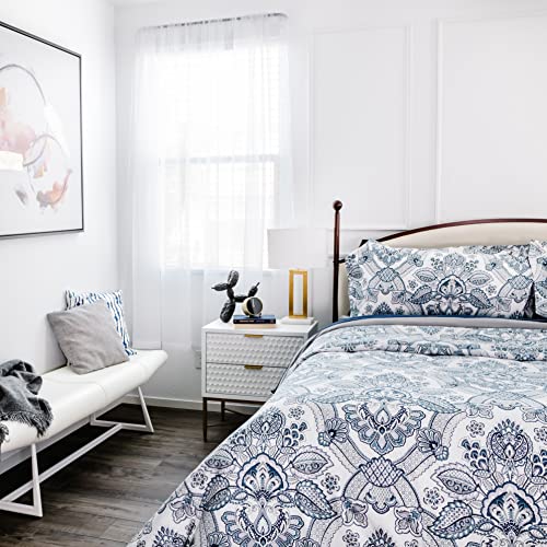 Southshore Fine Living, Inc. Oversized Comforter Bedding Set Down Alternative All-Season Warmth, Soft Reversible Bohemian Paisley Bedspread 3-Piece And 2 Matching Shams, Blue, King/California King #TOP4