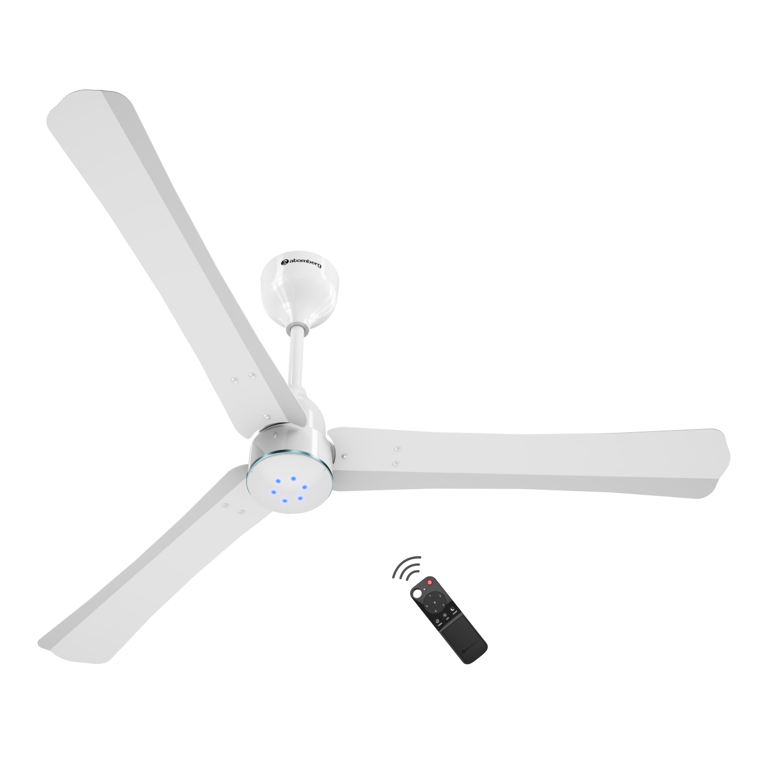 atomberg Renesa Halo Smart Alexa Enabled 1200mm BLDC Ceiling Fan with Remote | 5 star | High Air Delivery | Low noise | LED Speed Indicator | Sleek Design | | 3 Year Warranty| Gloss White & Blue Ring