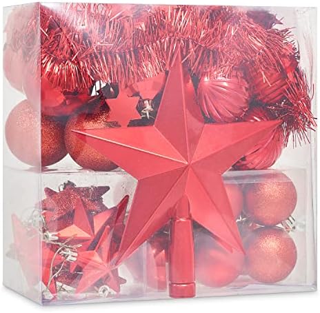SA Products Christmas Tree Decorations - Star & Ball Decorative Holiday Accessories & Ornaments for Tree Branches, Xmas Wreath, Tabletop Centrepiece - Durable, Shatterproof Baubles - Set of 42 - Red