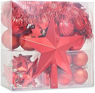 SA Products Christmas Tree Decorations - Star & Ball Decorative Holiday Accessories & Ornaments for Tree Branches, Xmas Wreath, Tabletop Centrepiece - Durable, Shatterproof Baubles - Set of 42 - Red