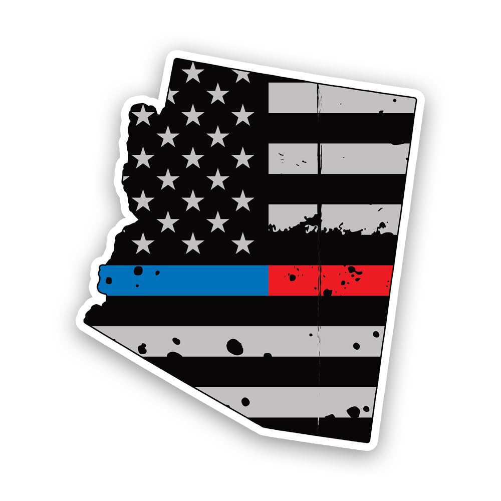 Distressed Thin Blue Red Line Arizona State Shaped Subdued US Flag Sticker Decal - Self Adhesive Vinyl - Weatherproof - Made in USA - USA American Flag First Responder az 6" Wide