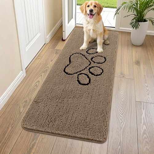 Image of Smiry Dog Door Mat for Muddy Paws, Absorbent Dirt Trapper Non Slip Quick Dry Washable Chenille Mat for Mud Dogs, Entry Rug for Indoor and Outdoor (59x24 Inches, Camel and Black)