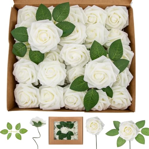 25Pcs Artificial Flowers Rose, Real Looking White Foam Fake Roses with Stems for DIY Wedding Bouquets Bridal Shower and Floral Arrangements Party Tables Home Decorations (White) image 8