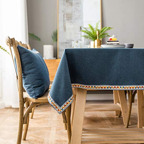 Nappe rectangulaire brodée en lin imperméable et résistante à l'huile Bleu 100 x 160 cm