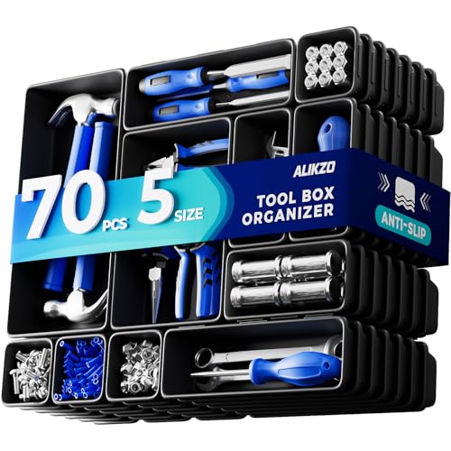 ALIKZO 70 PCS Tool Box Organizer Tray & Desk Drawer Organizer Set 5 Size Interlocking Bins for Garage Tool Storage Mechanic Tool Chest Rolling Cart Workbench Drawers with EVA Non Slip Pads