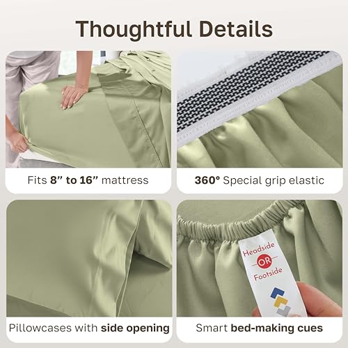 Image of California Design Den 1000 Thread Count King Sheets Deep Pocket Set | Backed by Good Housekeeping Seal - 100% Cotton Sateen - Soft, Thick & Heavy, 16 inch Deep Pocket, All-Around Elastic, Pale Green