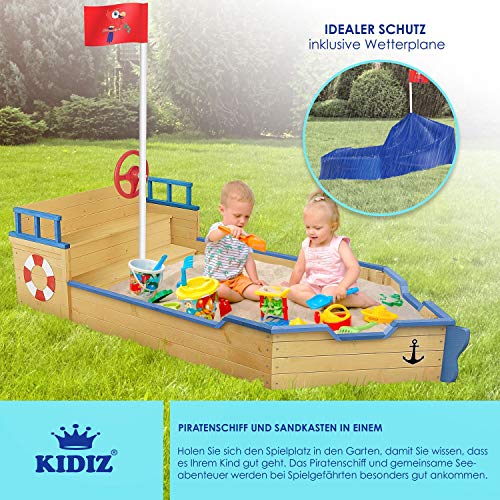 KIDIZ® Sandkasten AHOI - Piratenschiff Boot Segelschiff aus Holz Inkl. Abdeckung, Bodenplane, Sitzbank, Flaggenmast, Spielzeuge | Große Kinder Sandkiste für den Garten | Outdoor Sandbox Blau – Bild 4
