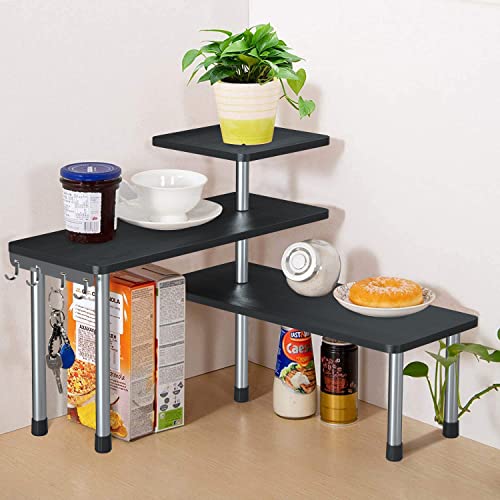 GAZHOME 3 stufiges Gewürzregal mit Haken, Flexibel einsetzbares Küchenregal aus Bambus und Edelstahl zur Aufbewahrung in der Küche, Eckregal Lagerregal für Schlafzimmer, Badezimmer und Büro(Schwarz)