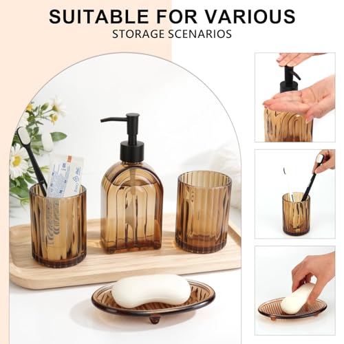Badezimmer Set 4 Teile– 400ml Glas Bad Zubehör Set mit Seifenspender mit Regenbogen-Muster, 2 Zahnputzbechern& Seifenschale –Badezimmer Organizer für Zahnbürsten&Wattestäbchen –Edle Badezimmer Deko