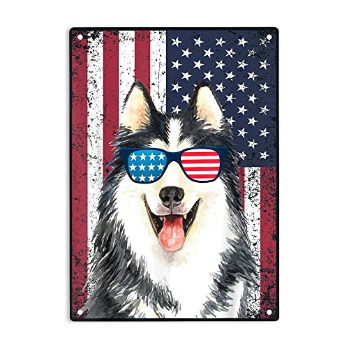 ERMUHEY Patriotic Siberian Husky Dog American Flag Sign Metal Tin Signs, Siberian Husky Dog Poster for Home Office Bedroom Cafes Bars Pub Man Cave Wall Decor Poster Sign 12x8 Inch