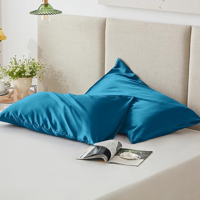 Image of RAGGLE Satin Silk Pillowcase for Hair and Skin Standard Size 18 inchX 28 inch with Soft Breathable Smooth Cooling Pillow Covers for Sleeping or Pillow Protector (2, Teal Blue)