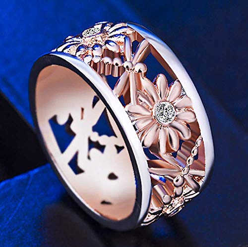 Elegant Rose Gold Plated S925 Silver Sunflower Chrysanthemum Dragonfly Daisy Hollow Two-tone Women's Ring Bridal Wedding Gift Anniversary for Women's Band Jewelry2