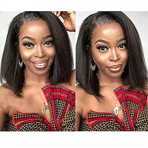 Short Bob Wigs Yaki Straight Lace Front Human Hair Wigs For Women Pre Pluck With Baby Hair 13x4 Lace Front Wig Remy Glueless Lace Wig (150 Density, 14inch)