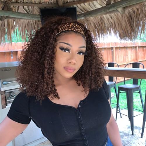 Image of Punmasa Headband Wig Human Hair Deep Wave Chocolate Brown Headband Wigs for black women Glueless Wigs Human Hair Machine Made 150% Density headband wig human hair with Headbands (12Inch)