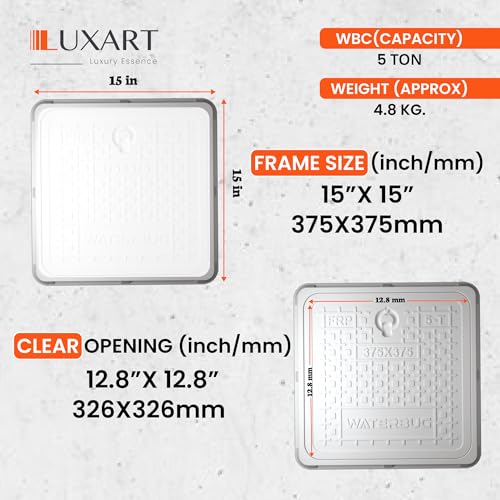 Image of LUXART 15x15 Inch Square FRP Manhole Cover | 5 Ton Capacity FRP Chamber Lid |Weatherproof and Heat Resistant Cover for Water Tanks, Sumps, and Drainage Systems