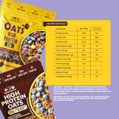 Image of GrowFitz 25g High Protein Oats 800 Gram, Pack of 2 | Chocolate & Coffee Mocha Flavor Combo Breakfast Oatmeal | 17g High Fiber, Almonds, Raisin, Pumpkin, Chia Seeds, Super Rolled Oats | No Added Sugar