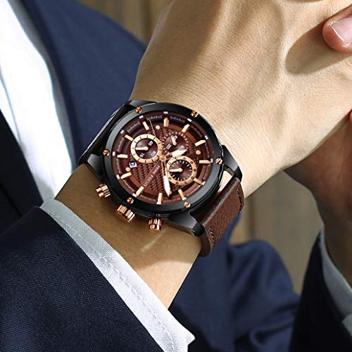 Mini Focus Men Watches Business Casual Wrist Watches (Multifunction/Waterproof/Luminous/Calendar) Genuine Leather Band Fashion Watch For Men (Brown) #TOP1