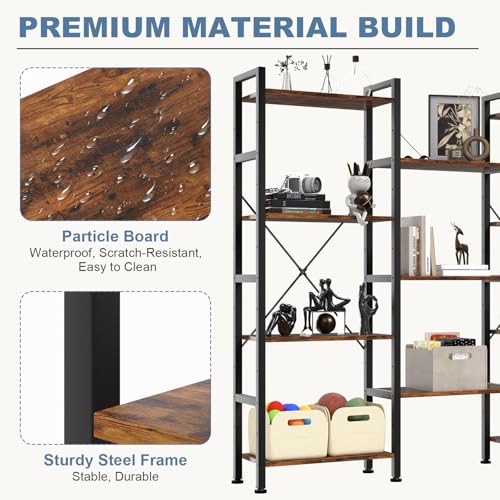 Image of DUMOS Triple Column 4 Tier Bookshelf with Adjustable Shelves, Wide Convertible Display Unit, Industrial Bookcase for Living Room & Home Office, Sturdy Freestanding Storage Decor Organizer, Rust