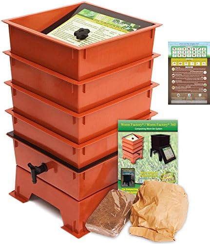 Worm Factory DS4TT 4-Tray Worm Composting Bin + Bonus "What Can Red Wigglers Eat?" Infographic Refrigerator Magnet - Vermicomposting Container System - Live Worm Farm Starter Kit for Kids & Adults