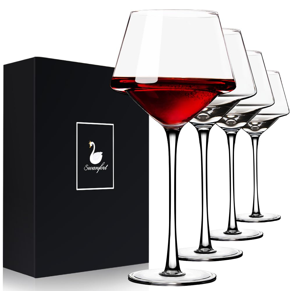 Swanfort Red Wine Glasses Set of 4, 460ml Elegant Long Stem Wine Glasses in Gift Box, Premium Glassware for Wedding, Anniversary, Birthday Gifts