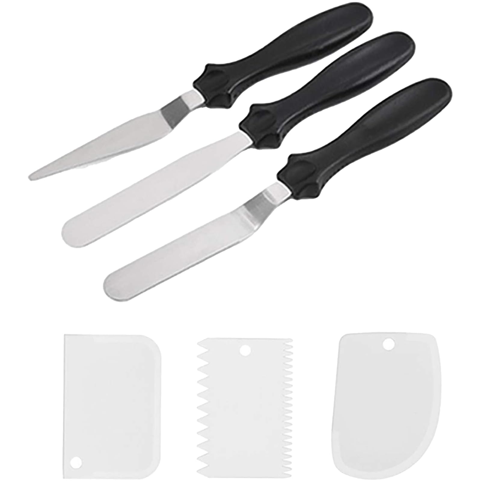 3 Pcs Cake Spatulas (Black) Paired with 3 Plastic Cake Spatulas (White), Icing Spatula, Stainless Steel Palette Knife, Suitable for Baking Accessories, Kitchen Utensils, and Cake Making Accessories