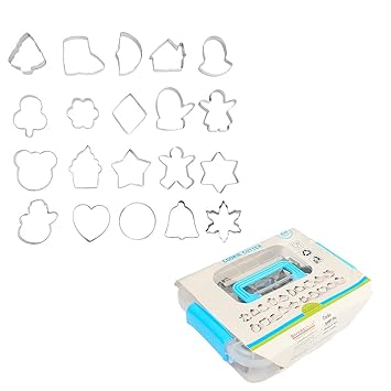 FineDecor 20pcs Assorted Cookie Cutter Set With Plastic Box, Assorted Shape Stainless Steel Cookie Cutters Mold Tools for Fondant Biscuit, Cake, Fruit, Vegetables, or Dough Cut (20 Pcs) - FD 3105