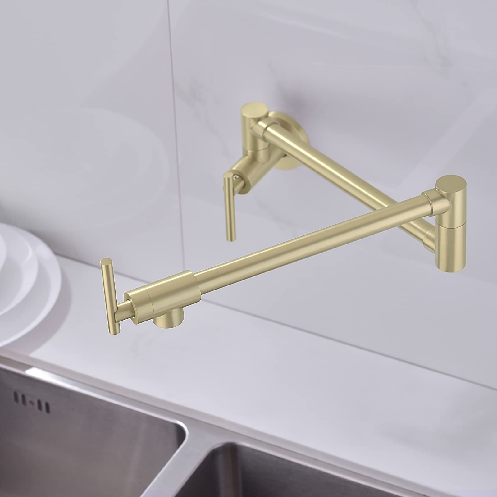 Grifo de llenado de olla de oro cepillado de acero inoxidable comercial montaje en pared grifo del fregadero de cocina plegable estirable con un solo agujero dos asas