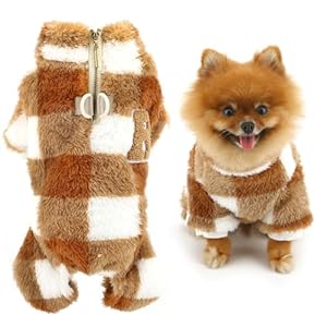 SMALLLEE_LUCKY_STORE Fleece Dog Pajamas for Small Dog Plaid Pet Pyjamas with Double D-Ring Puppy Pullover Pjs Thermal Winter Fall Jumpsuit Cat Chihuahua Yorkie Clothes, Brown, S