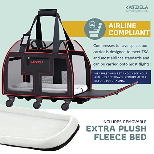 Image of Katziela Rolling Pet Carrier Airline Approved - Pet Carrier with Wheels - Luxury Lorry - Deluxe TSA Approved Cat Carrier with 6 Wheels - Small Airline Approved Dog Carrier Trolley - Plane Carry On Bag