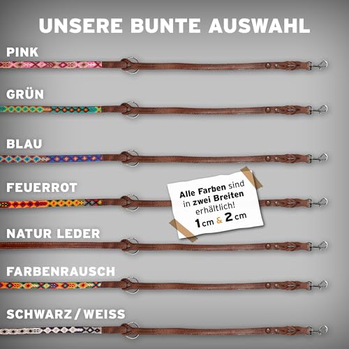 ALTEZAR Handgemachte Hundeleine Leder – Handgefertigt für kleine Hunde Robuste Fettlederleine mit bunten Stickereien Verstellbare Lederleine für Hund – dünne Leder-Leine Blau für kleine Hunde