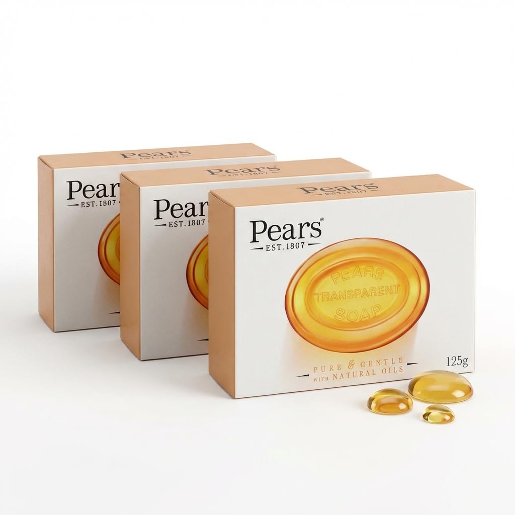 Pears Natural Glycerin Soap Bars with Essential Oils - Transparent Amber - Gentle Moisturizing for Face & Body - 125g Pack of 3