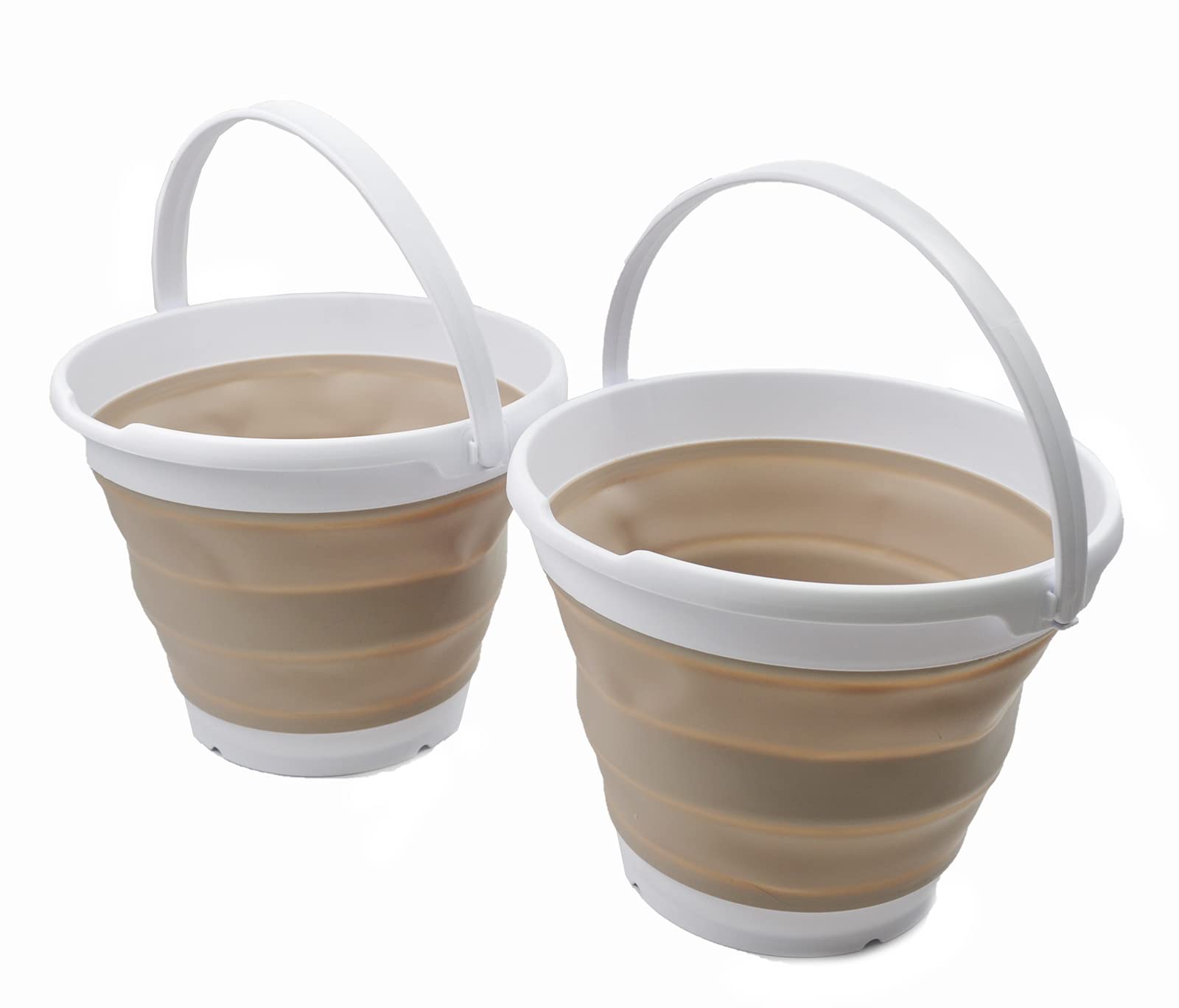 SAMMART 10L (2.6 Gallon) Collapsible Plastic Bucket - Foldable Round Tub - Portable Fishing Water Pail - Space Saving Outdoor Waterpot. Size 31cm Dia (White/Latte (Set of 2))