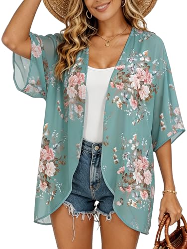 Image of FINOCEANS Womens Floral Chiffon Kimono Cardigans Loose Beach Cover Up Half Sleeve Tops