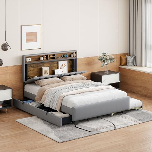 Merax Queen Bed Frame with Storage Headboard, Upholstered Linen Platform Beds with Trundle & 2 Drawers, Built-in Charging Station, Grey
