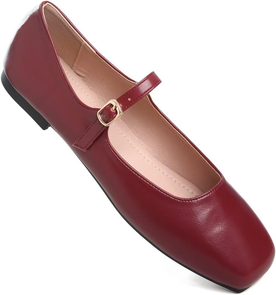 TN TANGNEST Women's Leather Flats Comfortable Square Toe Dress Flats Retro Soft Mary Jane Flats Dark red 41(9) 2 - Image 5