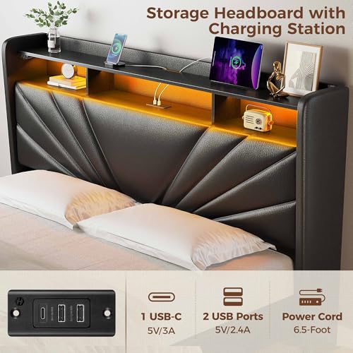 Image of Rolanstar Queen Size Bed Frame, Storage Headboard with Charging Station and LED Lights, Upholstered Bed with Heavy Duty Wood Slats, No Box Spring Needed, Noise Free, Easy Assembly, Black