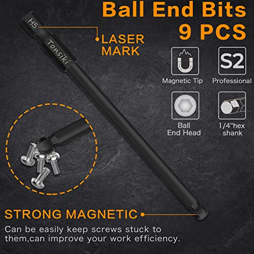 Ball End Hex Head Allen Wrench Drill Bit Set (9Pcs Metric), Tonsiki 1/4" Hex Shank S2 Steel Hex Bit Set, Magnetic Ball End Hex Screwdriver Bit Set For Ikea Type Assembling Furniture, 4'' Long #TOP7