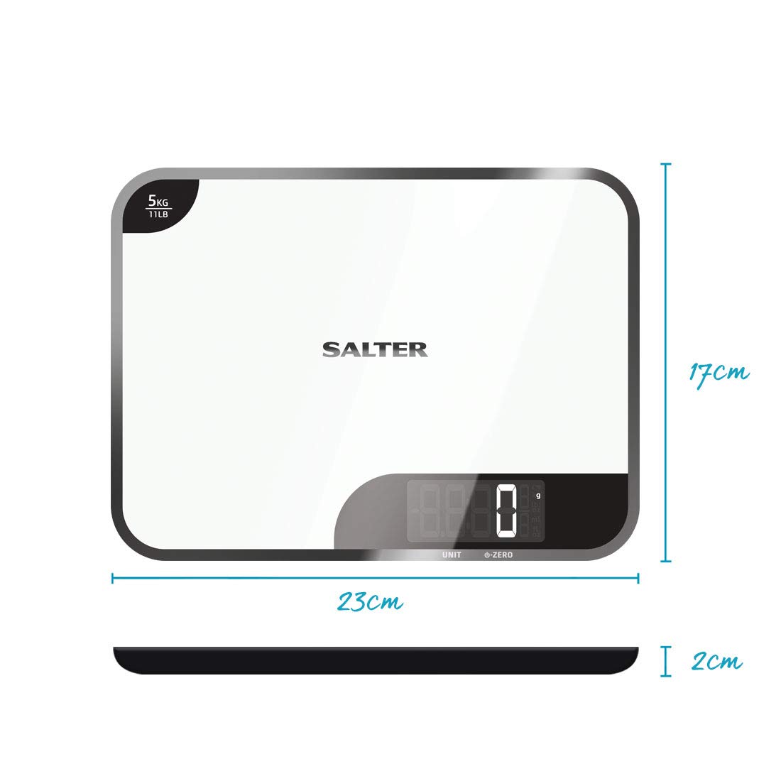 Salter 1064 WHDR - Bilancia da cucina elettronica, 5 kg, display retroilluminato di facile lettura, Aggiungi e pesa, liquidi/fluidi, ampio piattaforma, a specchio, misure metriche/imperiali, bianco