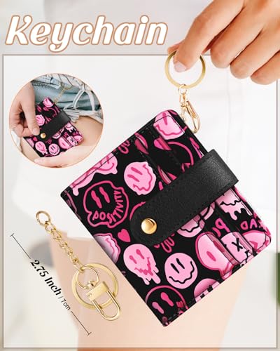 Image of Bistup Small Card Wallet for Women with Keychain, Y2K Pink Smile | Clear ID Window, Compact Design for Daily Carry, Durable Material, Sturdy Keychain, Aesthetic